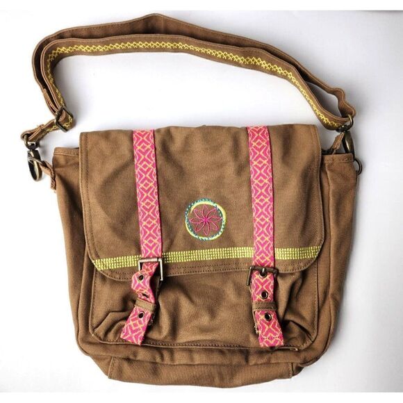 American Girl Leah Clark Messenger Bag Crossbody Embroidered Brown Canvas Bag - Picture 1 of 7